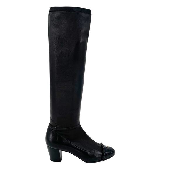 Chanel Black Leather 2010 Interlocking CC Ruffle Cap Toe Stretch Boot EU 36.5 - Picture 2 of 13